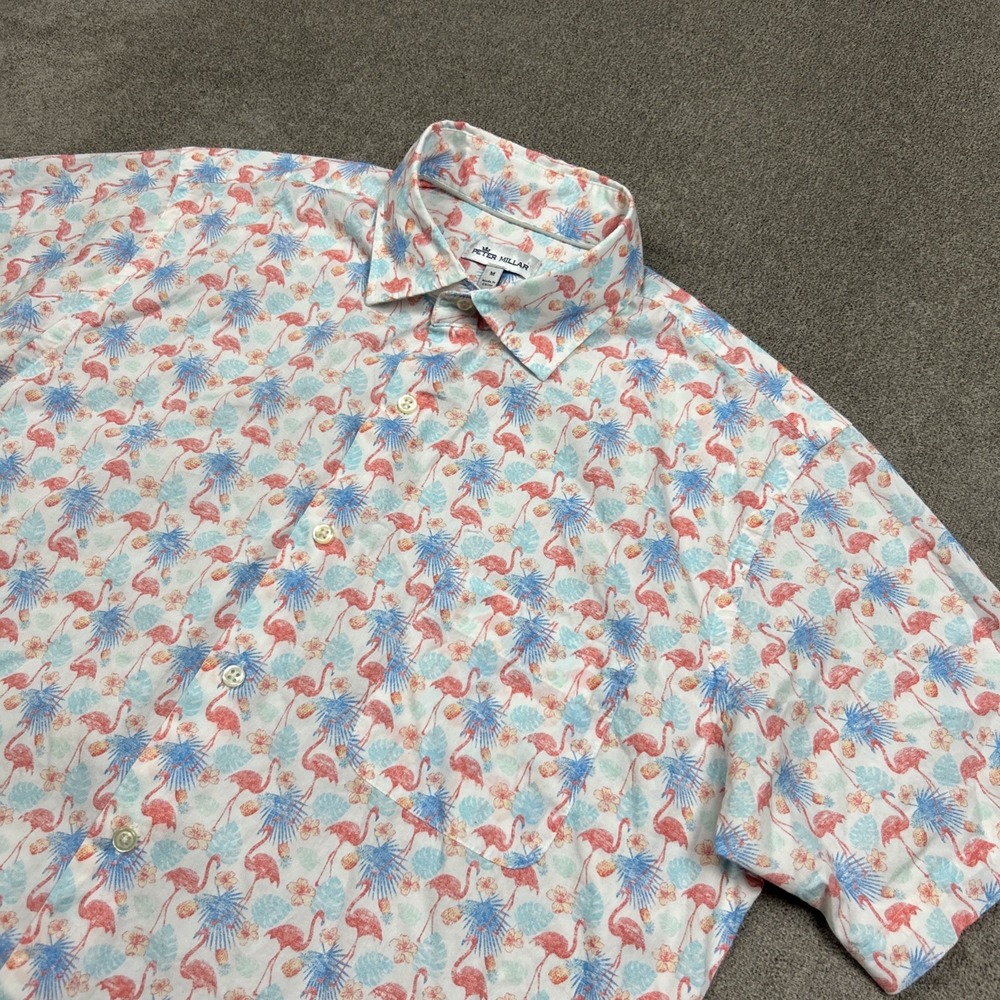Peter Millar Button Up Shirt Mens Medium Short Sleeve Stretch AOP Flamingos